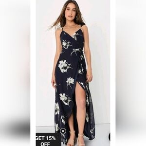 Lulu's All Mine Blue Floral High Low Sundress Wrap Dress Sz Small Maxi Summer